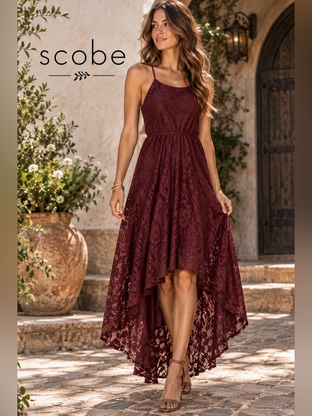 Scobe Womens L Burgundy Lace High Low Maxi Dress Boho Romantic Whimsigoth